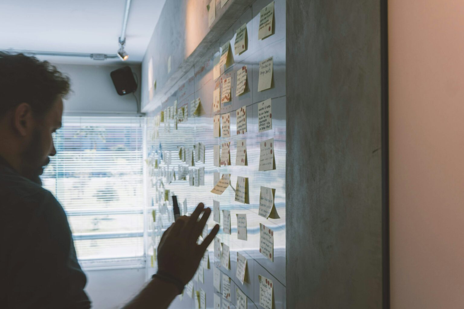 Oficina de una startup con pared cubierta de post its