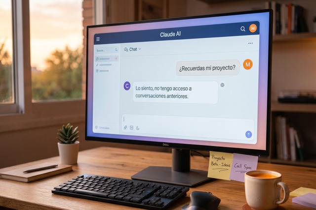 Pantalla de ordenador mostrando un chat de Claude AI con el mensaje &iquest;Recuerdas mi proyecto? y la respuesta Lo siento, no tengo acceso a conversaciones anteriores