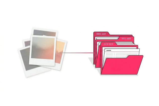 Comparativa visual entre la memoria nativa de IA, representada como polaroids descoloridas, y la memoria persistente, representada como un archivador estructurado por fechas