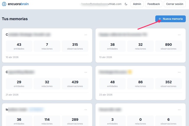 Panel de Encuora brain con memorias creadas y botón Nueva memoria destacado para configurar memoria persistente desde cero