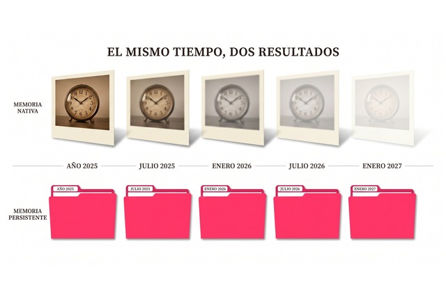 Comparativa visual entre memoria nativa de IA difuminándose con el tiempo y memoria persistente que se mantiene intacta a lo largo de la misma línea temporal