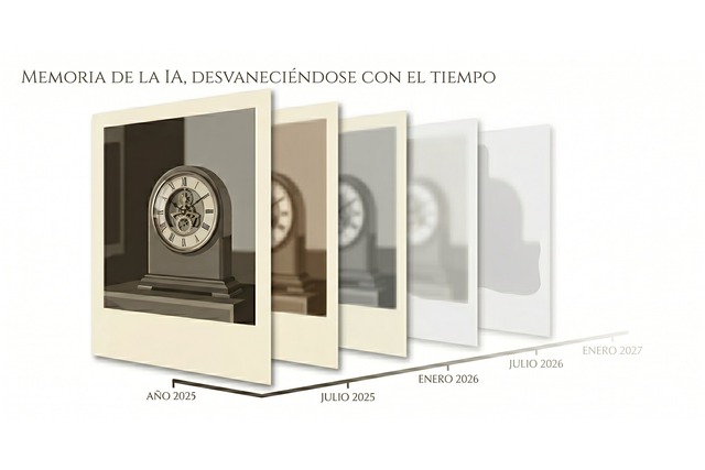 Secuencia visual del juego del teléfono aplicado a la memoria nativa de IA: una fotografía que se va difuminando progresivamente con el paso del tiempo