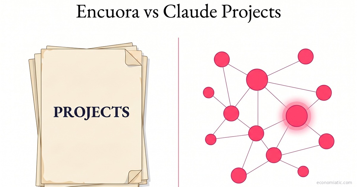 Comparativa visual entre Claude Projects y Encuora: documentos estáticos vs grafo de hechos persistente