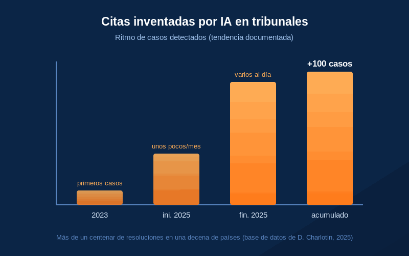 Gráfico de barras del crecimiento de casos judiciales con citas inventadas por IA