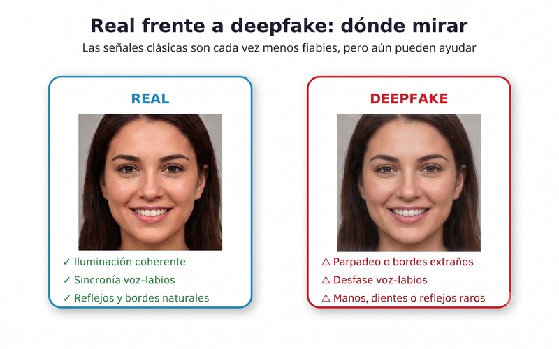 Comparación entre un rostro real y un deepfake con las señales de manipulación señaladas.