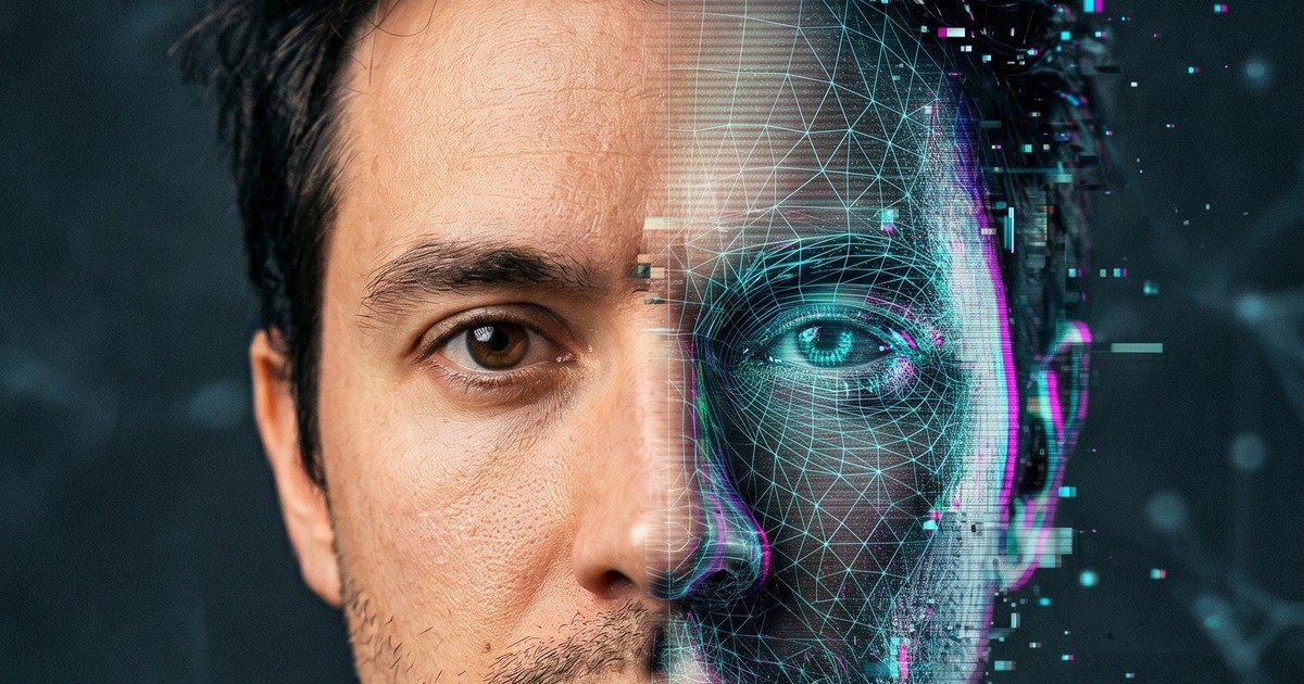 Rostro humano dividido en mitad real y mitad deepfake generado por IA