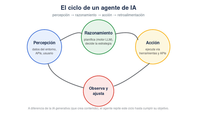 Ciclo de un agente de IA: percepción, razonamiento, acción y retroalimentación
