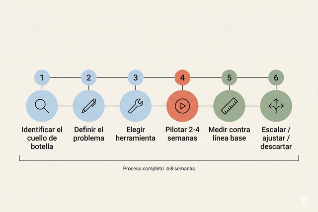 Diagrama lineal del proceso de 6 pasos para empezar con IA en una pyme