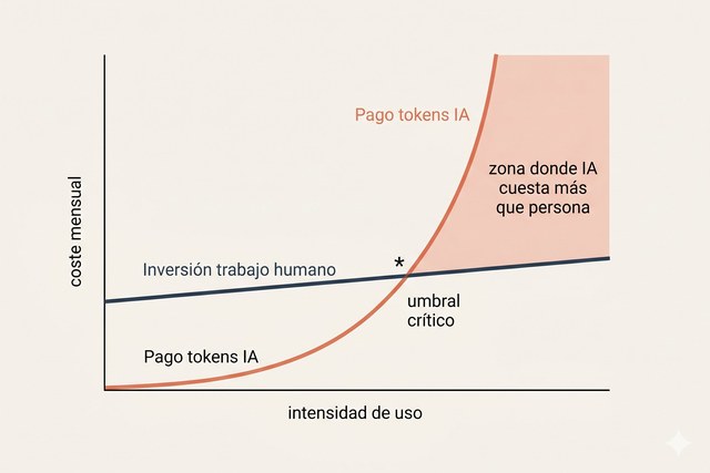 Gráfico del umbral donde el coste de tokens de IA cruza el coste humano que sustituye